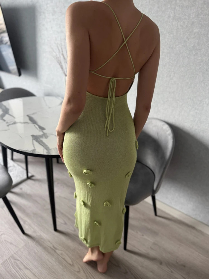 3D Floral Sleeveless Backless Slim Knit Slip Dress | Sexy Beach Vacation Women Dress