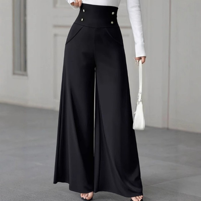 High Waist Black Wide Leg Pants With Pockets | Elegant Women Spring Summer Casual Bottoms