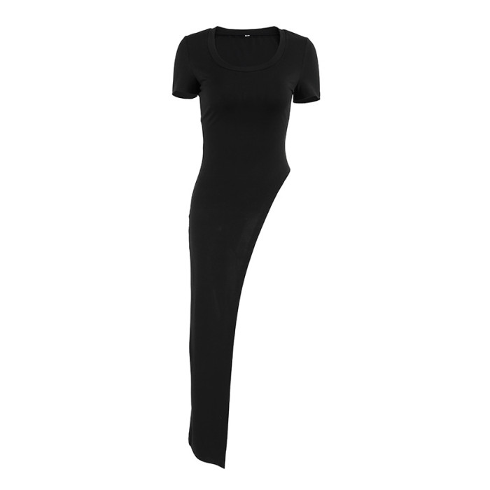 Square Neck Short Sleeve Irregular Knit Maxi Dress Slim Fit Black Daily Dress
