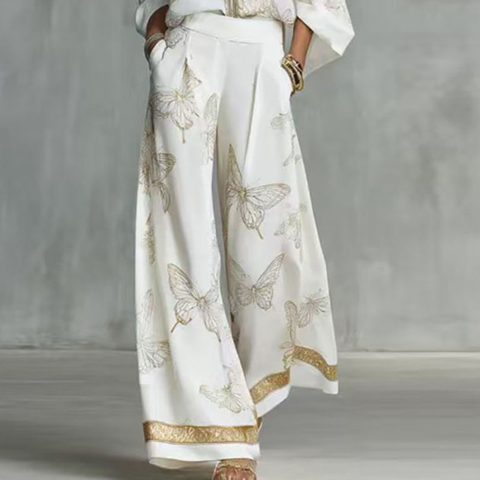 Butterfly Print Lapel Shirt Wide Leg Pants Two Piece Set for Holiday Sightseeing and City Strolls