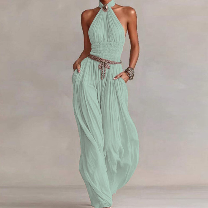 Pleated Wide Leg Boho Jumpsuit for Weekend Outings and Small Friend Gatherings
