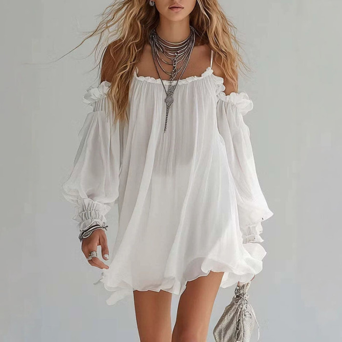 Dual Design Off Shoulder Puff Sleeve Vacation Mini Dress for Poolside Parties and City Strolls