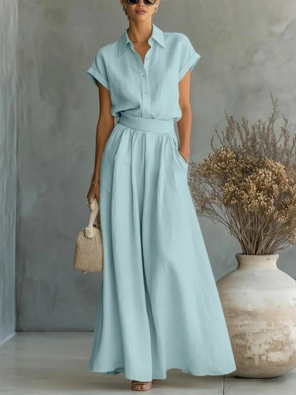 Solid Color Shirt Wide Leg Pants Two-piece Set for Daily Work and Weekend Outings