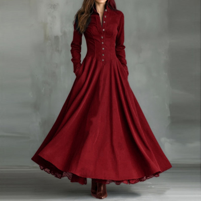 French Retro Turn-Down Collar Suede Lace High Waist Long Sleeve Maxi Swing Dress | Elegant Boho Women Outfit