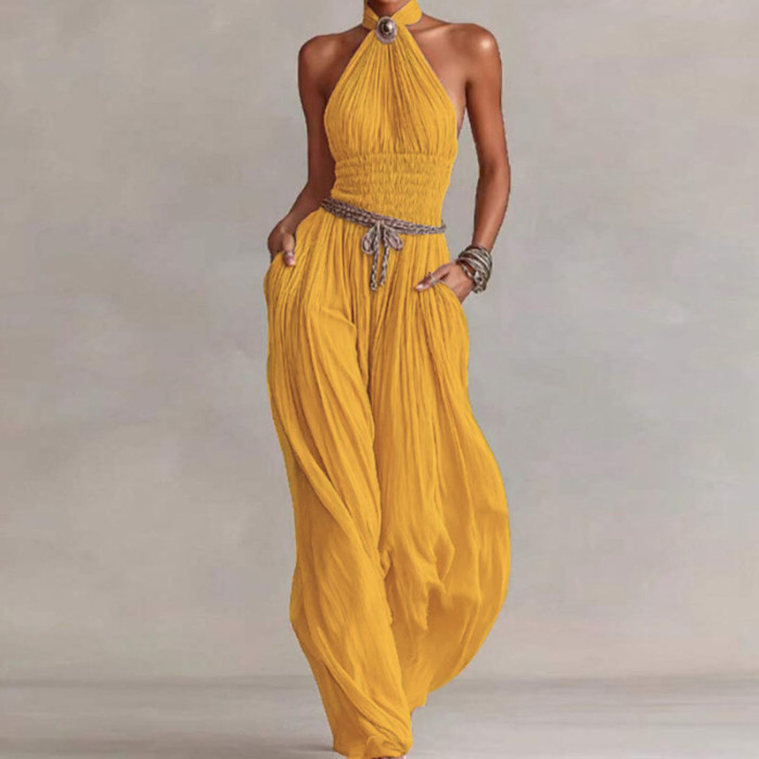 Pleated Wide Leg Boho Jumpsuit for Weekend Outings and Small Friend Gatherings