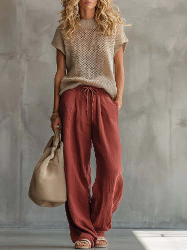 Knitted Pullover Top & Cotton Linen Trousers Two Piece Casual Set