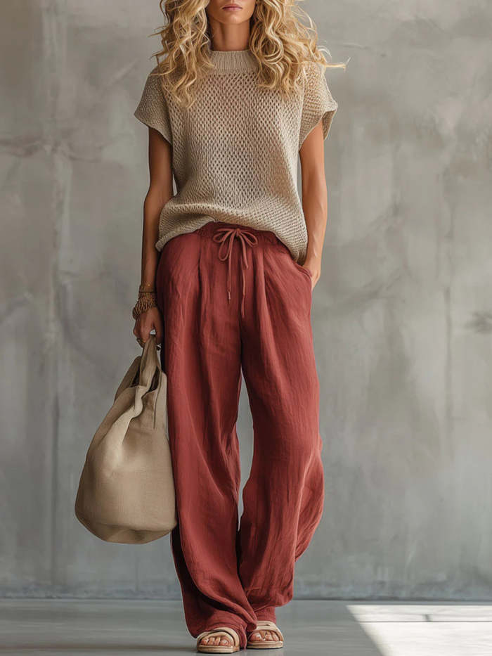 Knitted Pullover Top & Cotton Linen Trousers Two Piece Casual Set