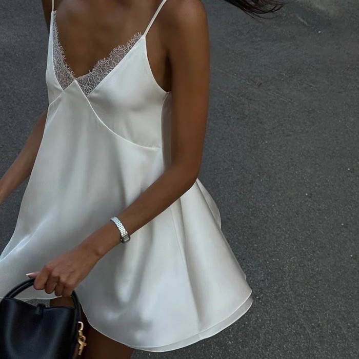 Solid Satin Lace Spliced Backless Spaghetti Strap Dress | Sexy Summer Women Dress