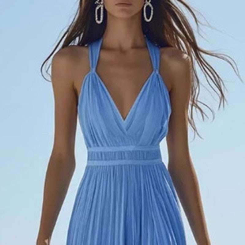 Halter Hollow V Neck Pleated Maxi Dress for Beach Vacations and Holiday Photoshoots