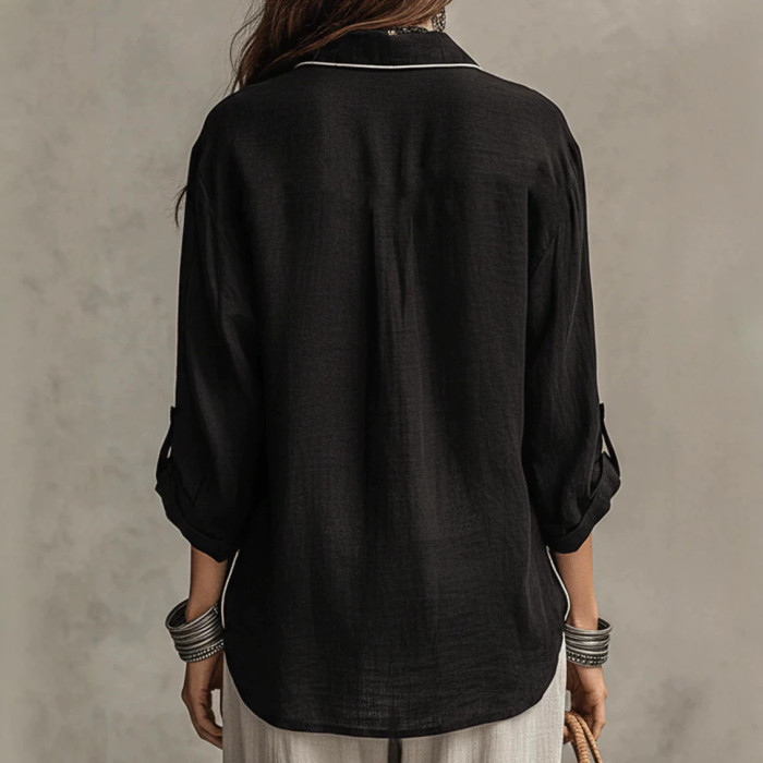 Thin Bright Line Lapel Long Sleeve Oversize Shirt | Vintage Elegant Summer Women Basic Top