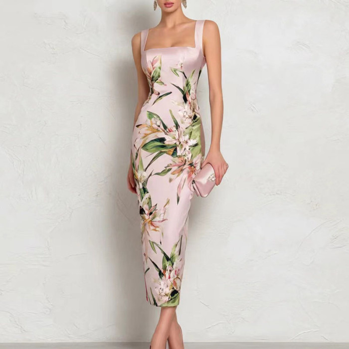 Floral Print Square Wide Strap Bodycon Slip Maxi Dress for Wedding Guest and Formal Party Occasions