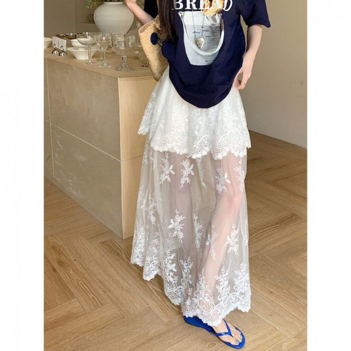 Retro Spliced Mesh Lace A Line Skirt | Summer Daily Youthful Women Skirt