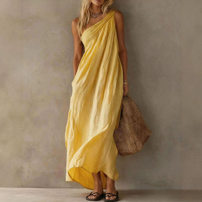 Elegant Flowy One Shoulder Boho Maxi Dress for Sightseeing Trips and Daily Streetwear
