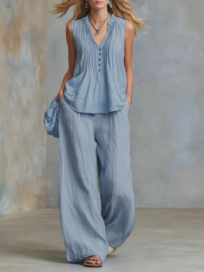 V-Neck Sleeveless Vest & Elastic Waist Pants Two Piece Summer Outfit