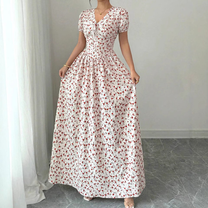 Floral Print V Neck Short Sleeve High Waist Pleated A-Line Swing Dress | Elegant Party Women Dress