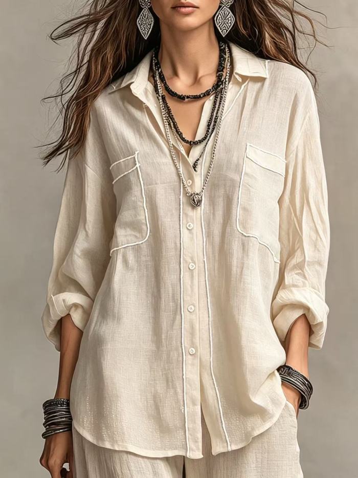 Thin Bright Line Lapel Long Sleeve Oversize Shirt | Vintage Elegant Summer Women Basic Top