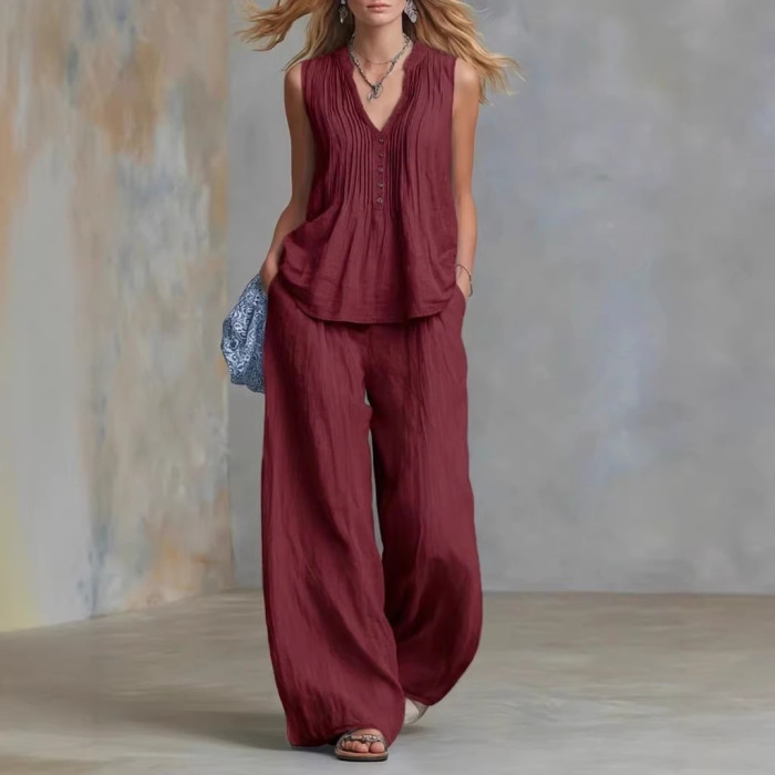 V-Neck Sleeveless Vest & Elastic Waist Pants Two Piece Summer Outfit