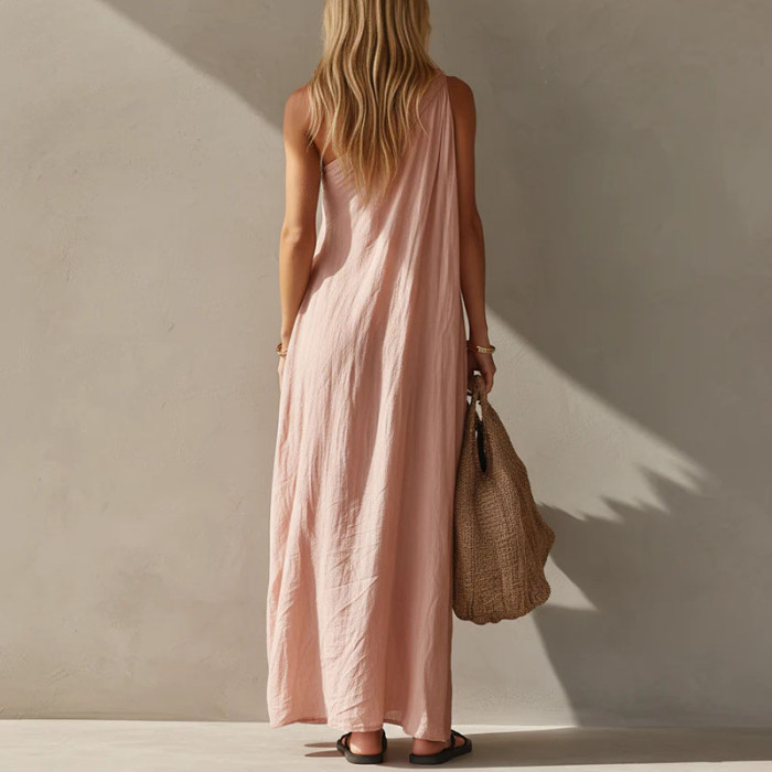 Elegant Flowy One Shoulder Boho Maxi Dress for Sightseeing Trips and Daily Streetwear