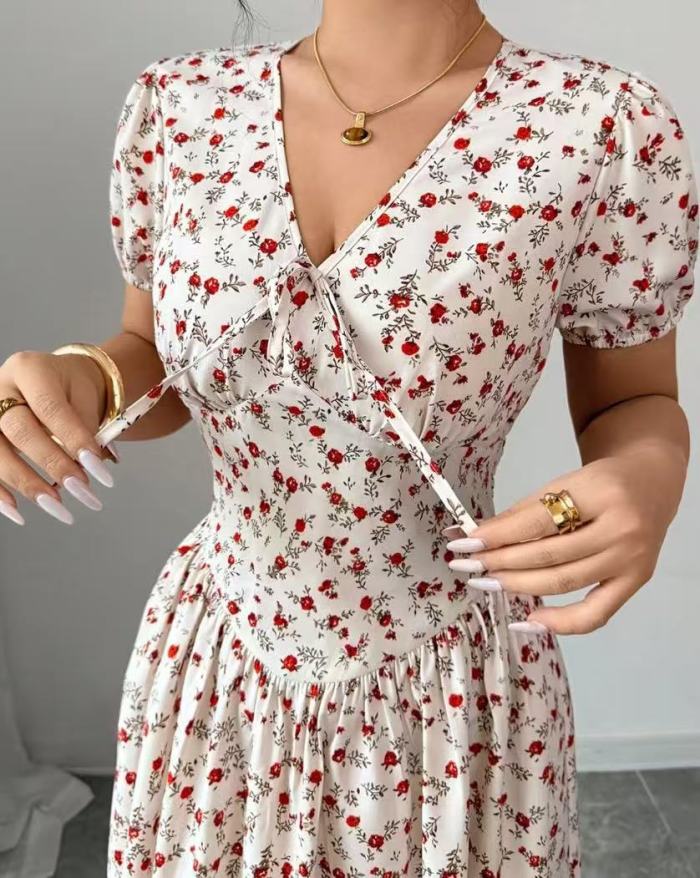 Floral Print V Neck Short Sleeve High Waist Pleated A-Line Swing Dress | Elegant Party Women Dress