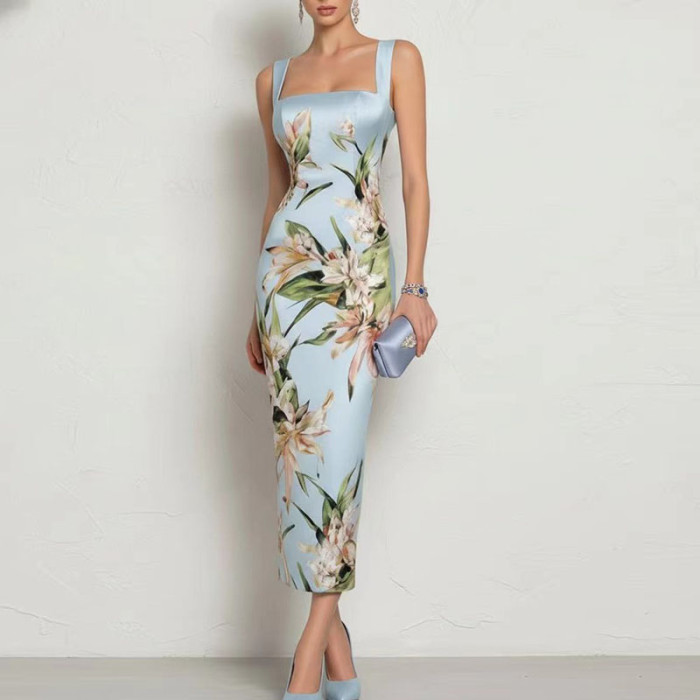Floral Print Square Wide Strap Bodycon Slip Maxi Dress for Wedding Guest and Formal Party Occasions