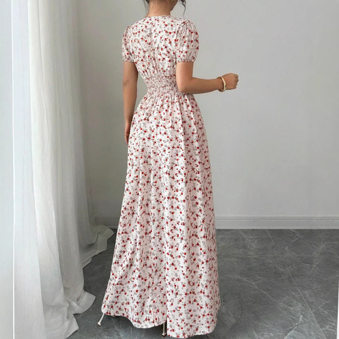 Floral Print V Neck Short Sleeve High Waist Pleated A-Line Swing Dress | Elegant Party Women Dress