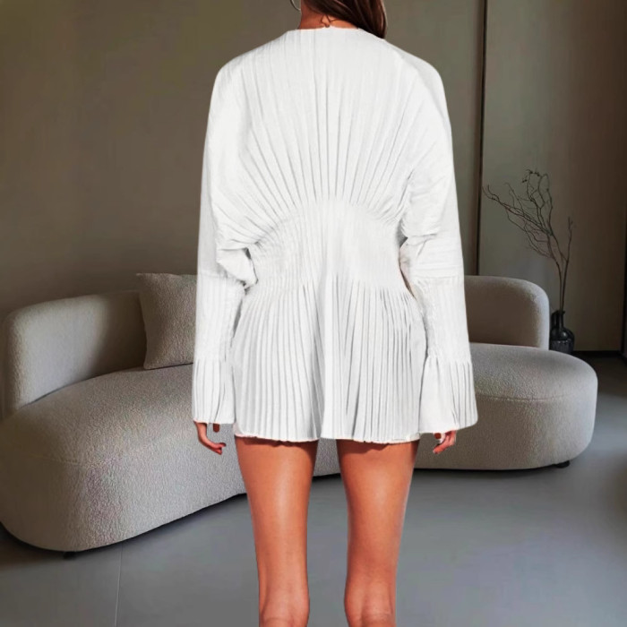 V Neck Flared Sleeve Pleated Waist White Shirt | Spring Summer Daily Casual Top