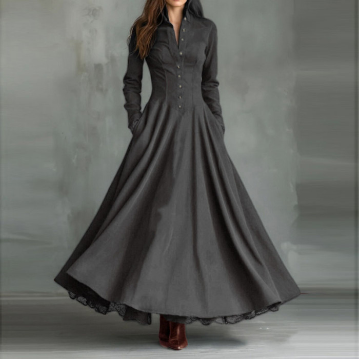 French Retro Turn-Down Collar Suede Lace High Waist Long Sleeve Maxi Swing Dress | Elegant Boho Women Outfit