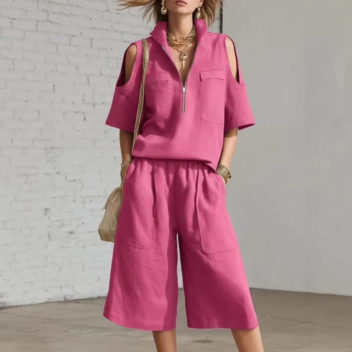 Solid V Neck Zip Short Sleeve Top & Elastic Waist Shorts Set | Daily Vacation Women Outfit