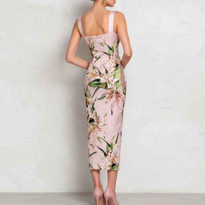 Floral Print Square Wide Strap Bodycon Slip Maxi Dress for Wedding Guest and Formal Party Occasions
