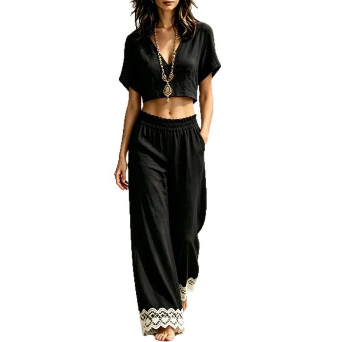 Lace Crop Top & Split Long Pants Two Piece Set | Casual Holiday Women Matching Outfit