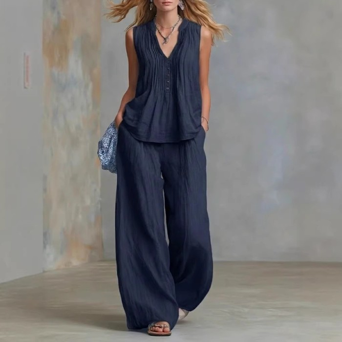 V-Neck Sleeveless Vest & Elastic Waist Pants Two Piece Summer Outfit