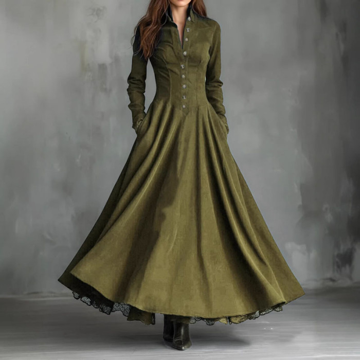 French Retro Turn-Down Collar Suede Lace High Waist Long Sleeve Maxi Swing Dress | Elegant Boho Women Outfit