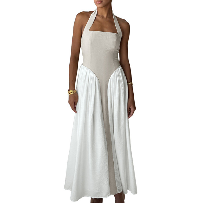 Halter Backless Contrast Lace Swing Maxi Dress | Summer Minimalist Vacation Dress