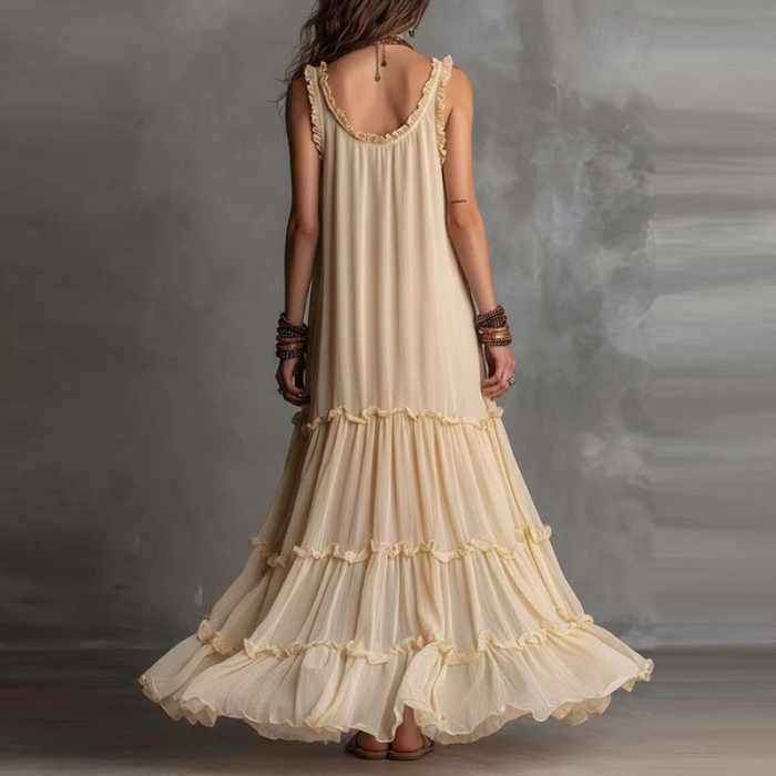Solid Sweetheart Neck Tiered Ruffle Maxi Dress for Beach Vacations and Holiday Photoshoots