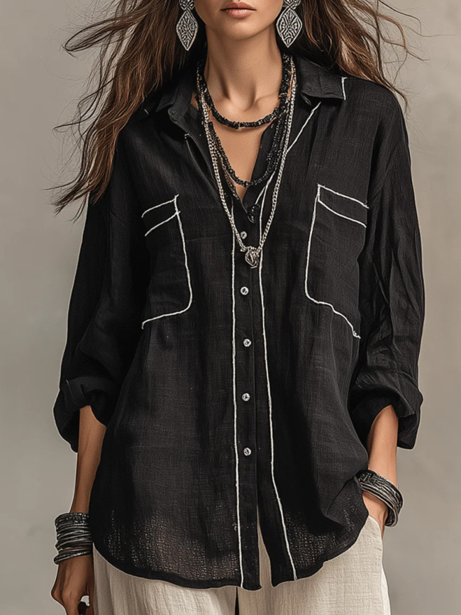 Thin Bright Line Lapel Long Sleeve Oversize Shirt | Vintage Elegant Summer Women Basic Top