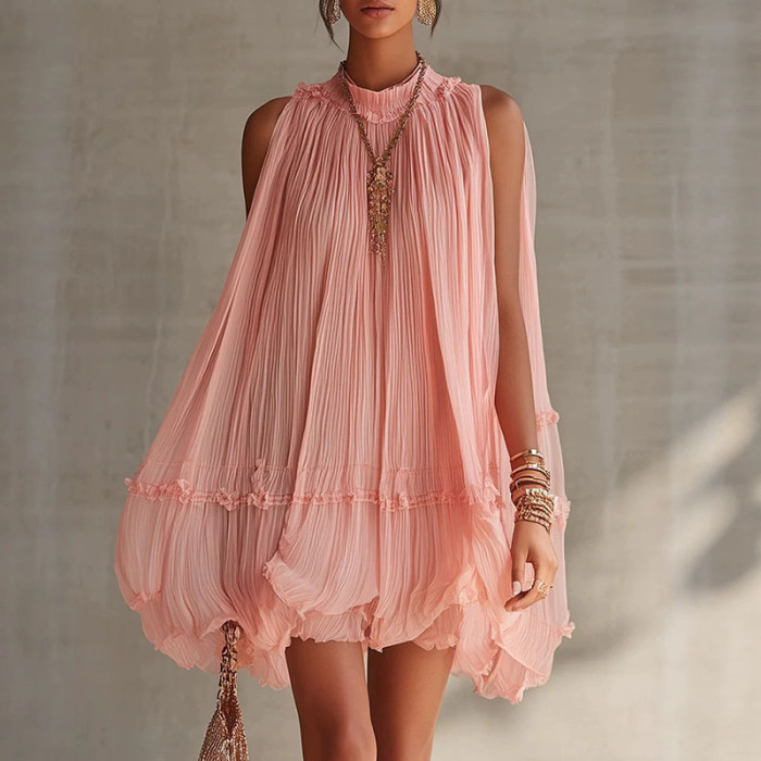 Plain Pleated Resort Mini Dress with Ruffle Details for Poolside Parties and City Strolls