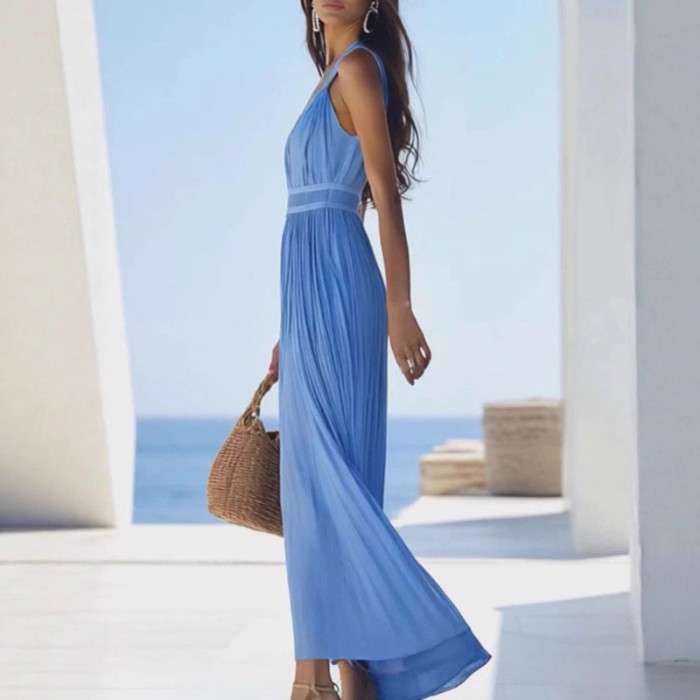 Halter Hollow V Neck Pleated Maxi Dress for Beach Vacations and Holiday Photoshoots