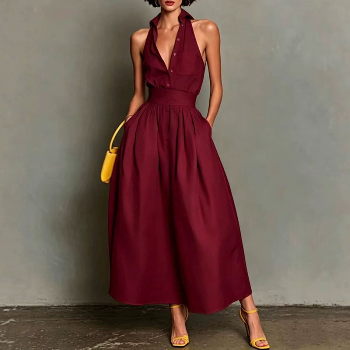 Turn-Down Collar Button Sleeveless Pleated Maxi Dress | Casual Summer Resort Women Dress