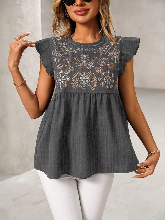 O Neck Embroidery Jacquard Solid Shirt | Elegant Casual Vacation Women Summer Top