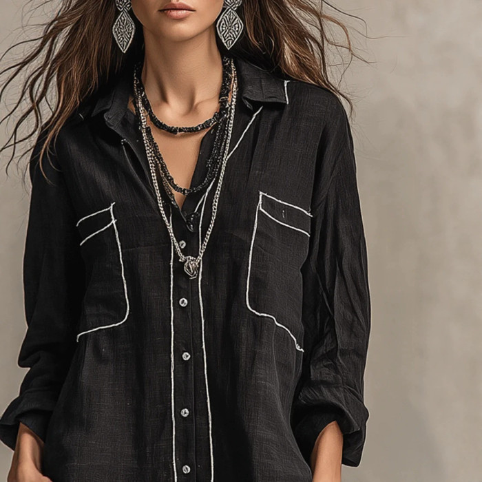Thin Bright Line Lapel Long Sleeve Oversize Shirt | Vintage Elegant Summer Women Basic Top