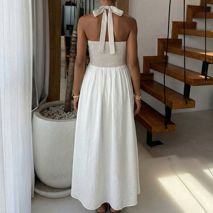 Halter Backless Contrast Lace Swing Maxi Dress | Summer Minimalist Vacation Dress