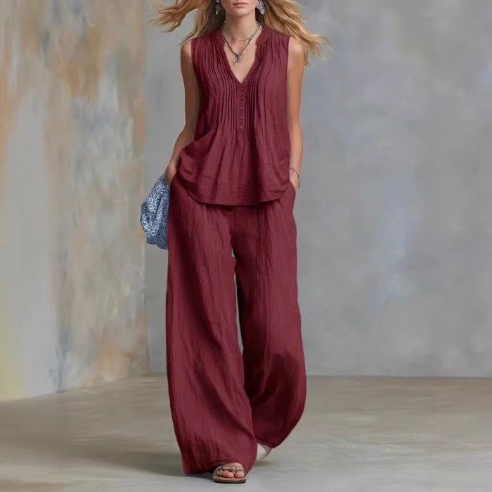 V-Neck Sleeveless Vest & Elastic Waist Pants Two Piece Summer Outfit