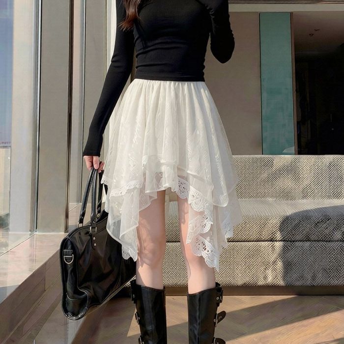 High Waist A-Line Lace Irregular Midi Skirt | Spring Daily Women Skirt