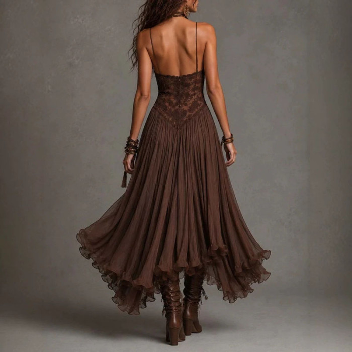 V Neck Lace Spaghetti Strap Maxi Dress | Beach & Vintage Prom Boho Long Sundress