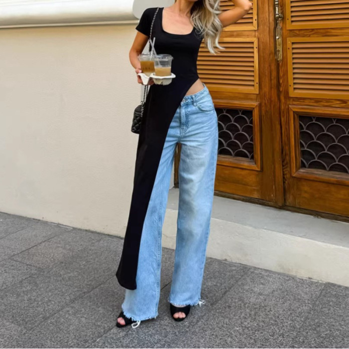 Square Neck Short Sleeve Irregular Knit Maxi Dress Slim Fit Black Daily Dress