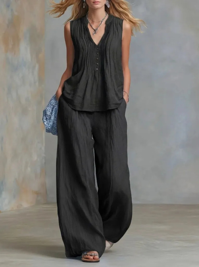 V-Neck Sleeveless Vest & Elastic Waist Pants Two Piece Summer Outfit
