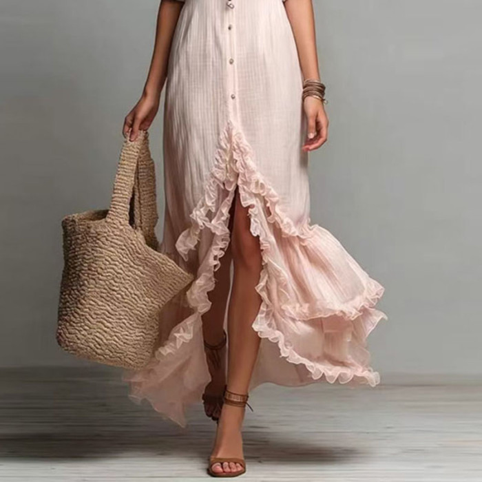 Button Front Ruffle High Low Hem Maxi Dress for Poolside Parties and City Strolls