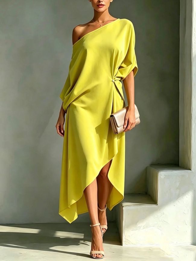 Minimalist Solid Twist Waist Midi Dress for Holiday Photoshoots and Small Gatherings