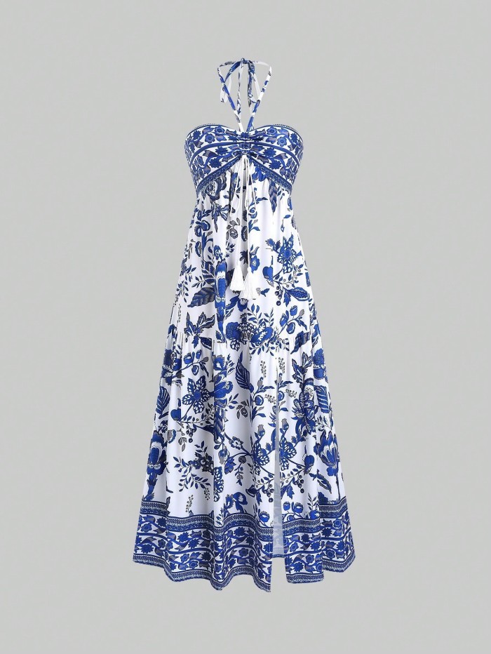 Boho Print Backless Slit Maxi Slip Dress | Beach & Party Women Long Dress
