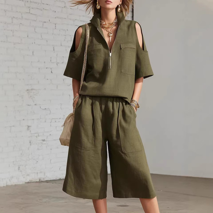 Solid V Neck Zip Short Sleeve Top & Elastic Waist Shorts Set | Daily Vacation Women Outfit